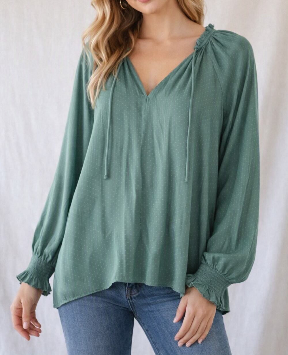 Caballero Long Sleeve V Neck Satin Blouse Top Green Large